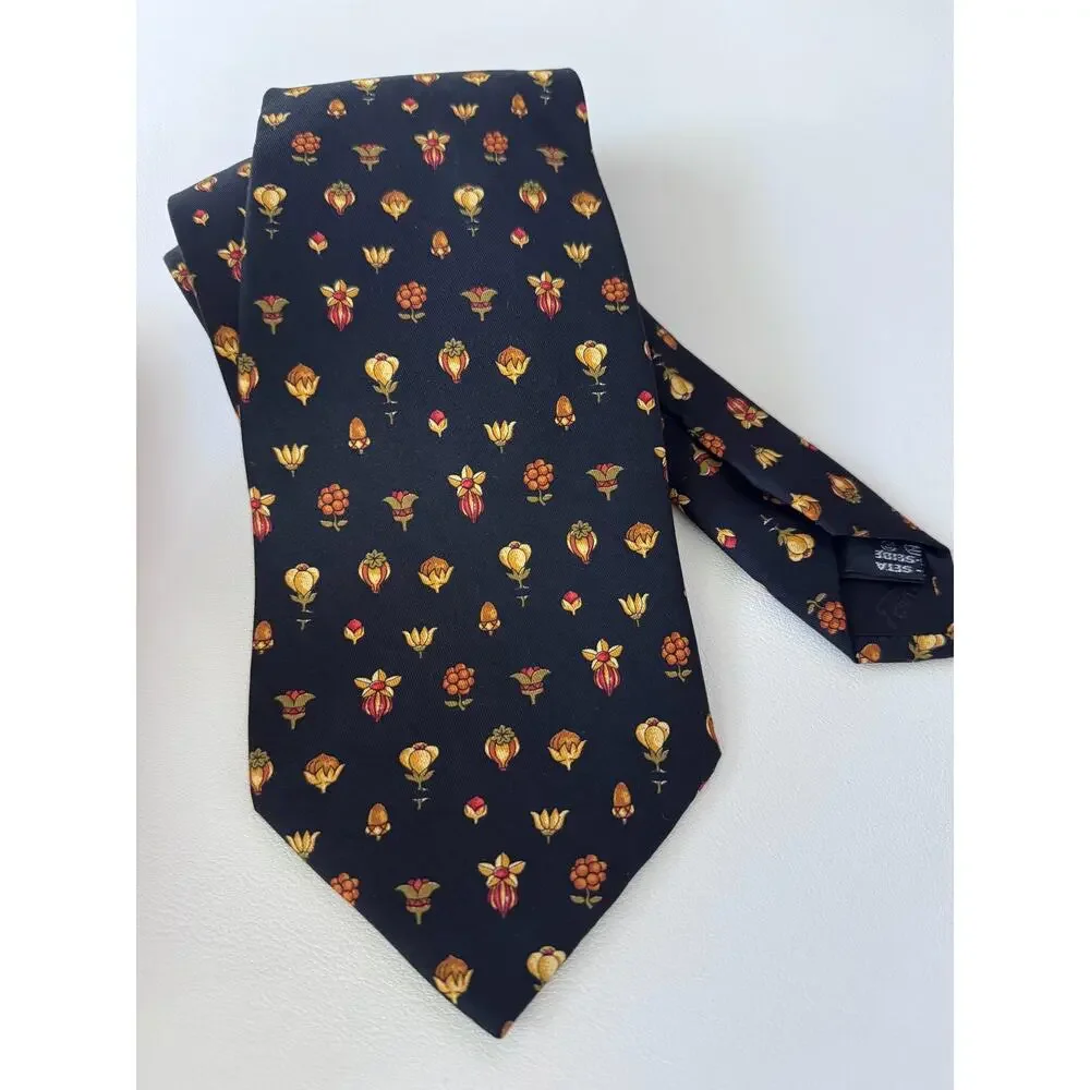 Salvatore Ferragamo Tie Mens One Size Navy Blue Floral 100% Silk Made In Italy